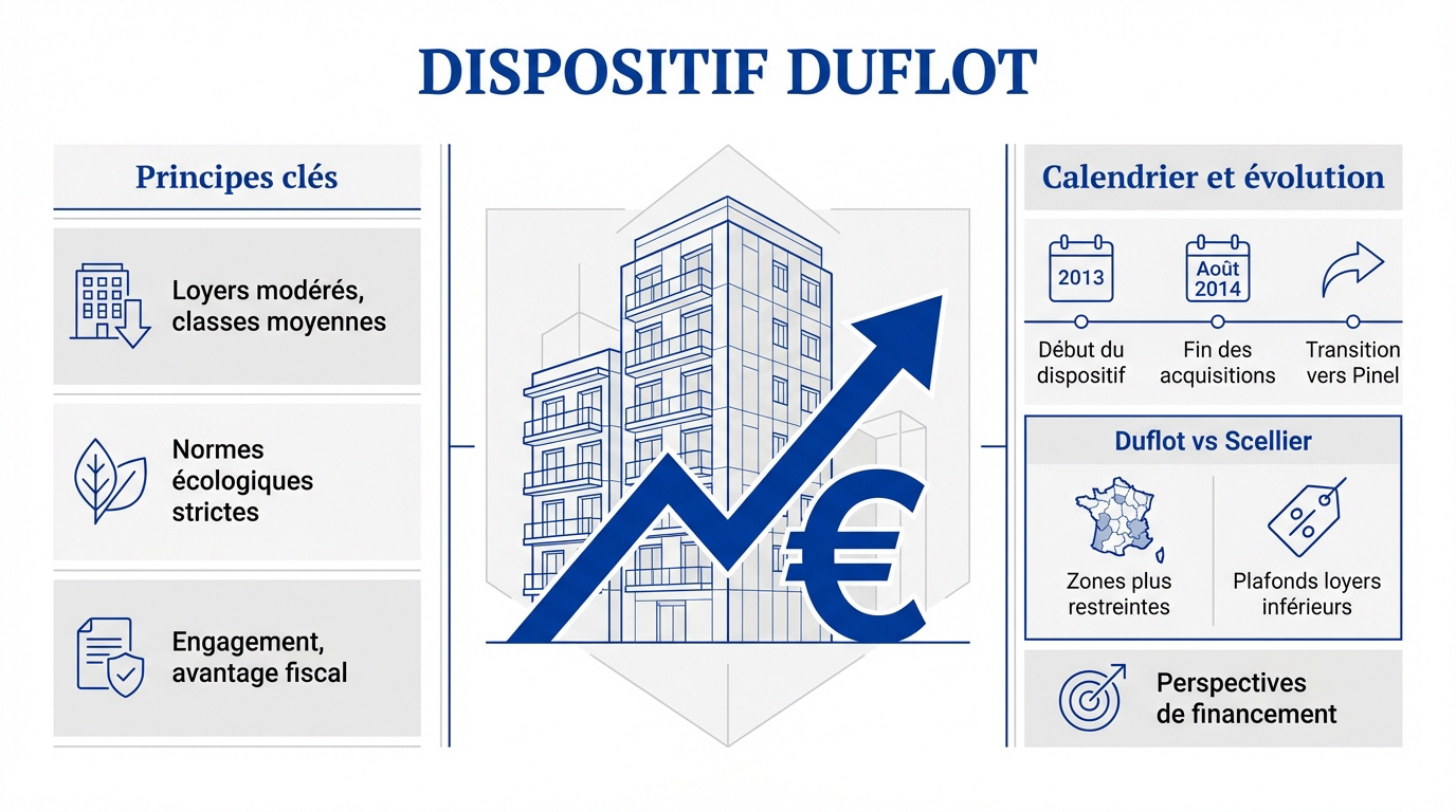 Infographie récapitulative du dispositif Duflot détaillant les principes et le calendrier de transition