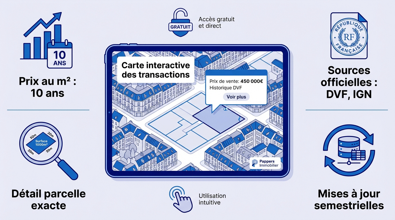 Interface de Pappers Immobilier montrant les prix DVF