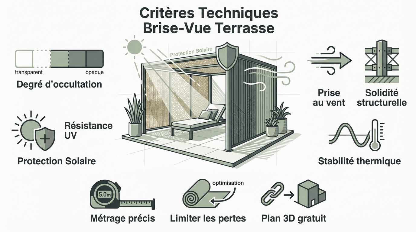 Analyse technique de l'occultation et de la résistance d'un brise-vue de terrasse