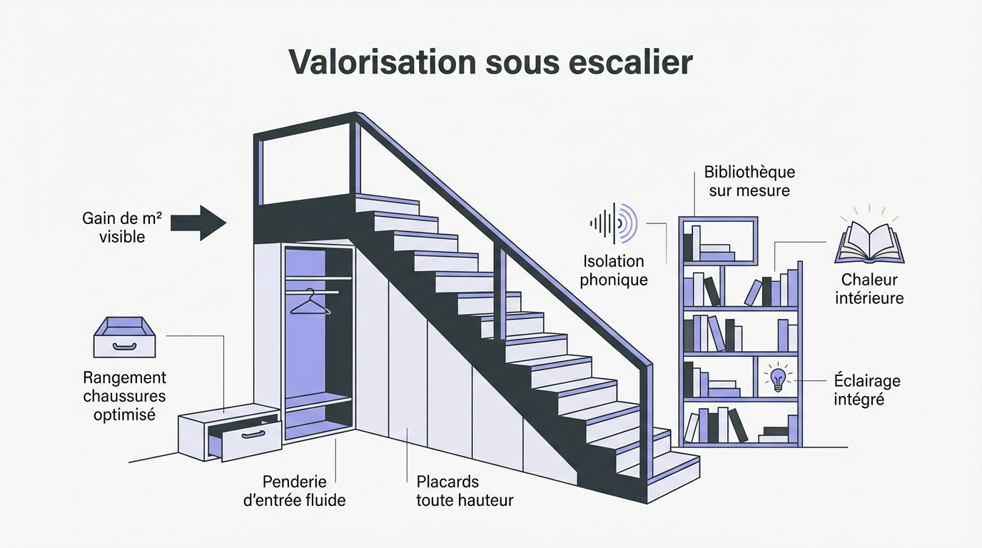 Aménagement sur mesure sous un escalier avec rangements intégrés et bibliothèque pour valorisation immobilière
